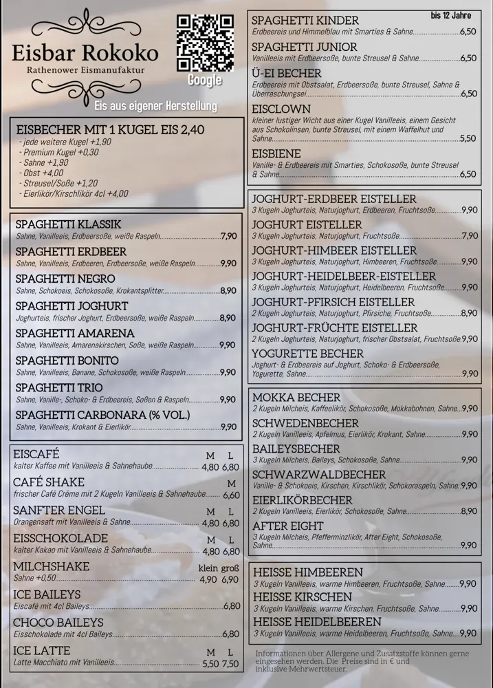 Eiskarte der Eisbar Rokoko, Seite 1