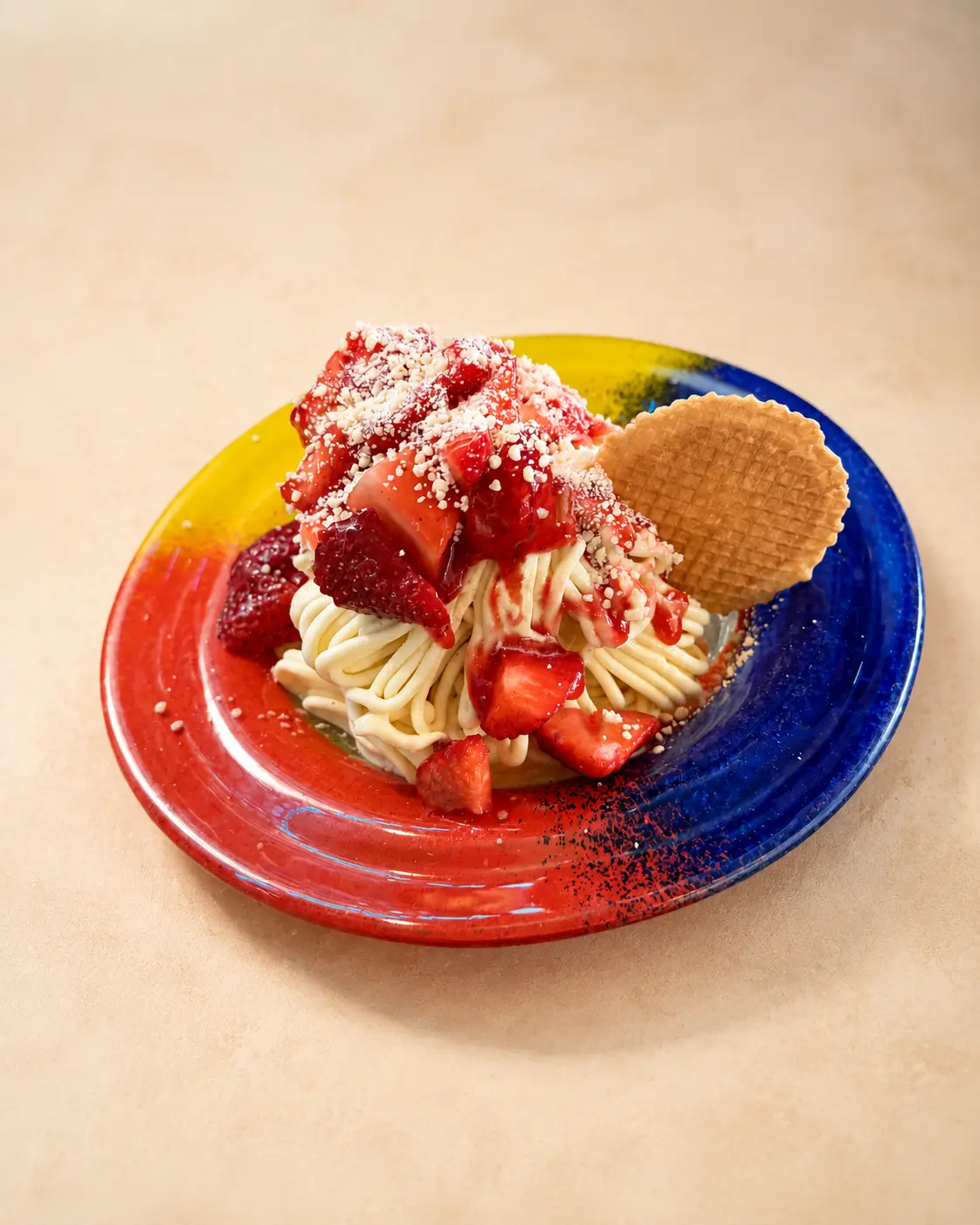 Spaghetti-Eis mit Erdbeeren auf neutralem Hintergrund